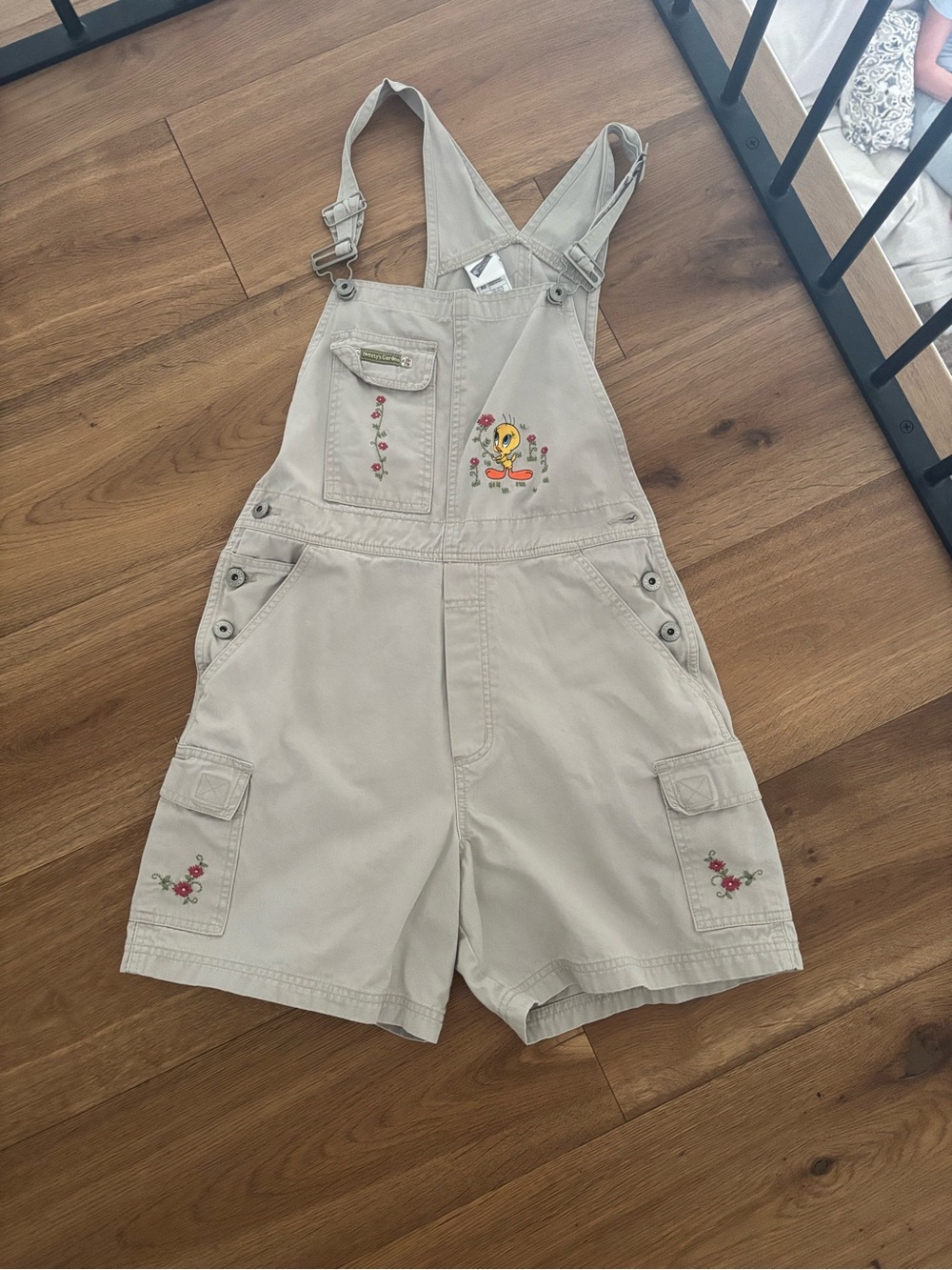 Vintage Beige Short Overalls with Embroidered Tweety